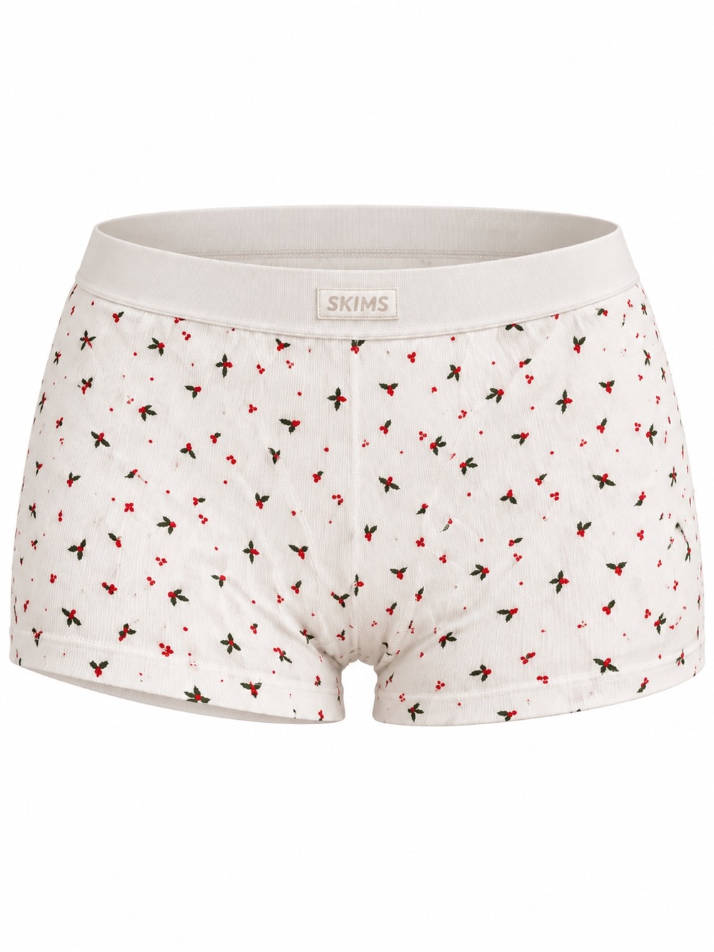 SKIMS White Ribbed Boxer Briefs with Red & Green Ditsy Floral Print holiday